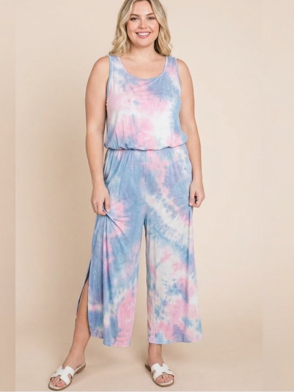 New!Plus Size Tie-Dye Button Side Detail Split Hem Jumpsuit Size 1X or 2X
